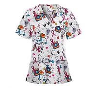 MINYING Blouse de Travail Femme Blouse de Soignant Vêtements Médicals Garde-Malade Infirmière Uniforme Haut avec Deux Poches Imprimé T-Shirt à Manches Courtes Col en V