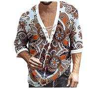 MINYING Chemise Boutonnée en Lin pour Hommes à Manches Longues Décontractée en Vrac Style Bohème Haut Hippie Chemises Haut de Yoga Col en V Pas Cher