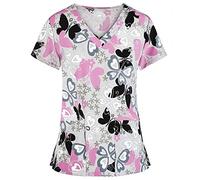 MINYING Haut de Infirmière Travail à Manches Courtes, Femme Vête de Travail avec Poches Imprimé Animal Infirmière Blouse de Travail Col en V Vête de Laboratoire Tops Soignant Uniforme de Travail
