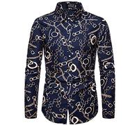MINYING Homme Chemise Imprimé Coton et Lin Chemises Revers Rétro, Chemise Boutonnée à Manches Longues, Mode Hauts Automne Grande Taille Pas Cher
