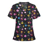 MINYING Vêtements Blouse Medicale Chemisier Infirmiere Professionnelle a Col Irrégulier Tunique Medicale Femme Manche Courte Col en V Tee Shirt Motif Empreinte d'animal Haut pour Femme
