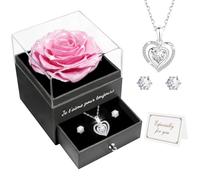 Miofula Rose Eternelle Coffret Cadeau Femme,Rose Éternelle avec Collier Coeur Boucles d'oreilles Bijoux Cadeau Anniversaire Femme,Fleur Eternelle Cadeau Maman Copine Noel Saint Valentin Fete des Meres