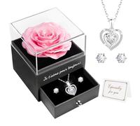 Miofula Rose Eternelle Coffret Cadeau Femme,Rose Éternelle avec Collier Coeur Boucles d'oreilles Bijoux Cadeau Anniversaire Femme,Fleur Eternelle Cadeau Maman Copine Noel Saint Valentin Fete des Meres