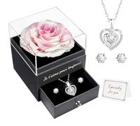 Miofula Rose Eternelle Coffret Cadeau Femme,Rose Éternelle avec Collier Coeur Boucles d'oreilles Bijoux Cadeau Anniversaire Femme,Fleur Eternelle Cadeau Maman Copine Noel Saint Valentin Fete des Meres