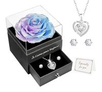 Miofula Rose Eternelle Coffret Cadeau Femme,Rose Éternelle avec Collier Coeur Boucles d'oreilles Bijoux Cadeau Anniversaire Femme,Fleur Eternelle Cadeau Maman Copine Noel Saint Valentin Fete des Meres