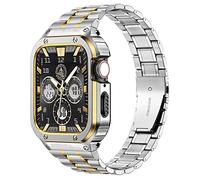 MioHHR Metal Bands avec boîtier compatible Apple Watch Band 44mm 42mm, boîtier en acier inoxydable antichoc et bande de remplacement avec de iWatch Series 6/5/4/SE/3/2/1，Argent et or