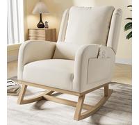 MIOOSUT Fauteuil à Bascule, Chaise à Bascule en Tissu avec Dossier Haut Rocking Chair avec Poche Latérale et Coussin Lombaire Rocking Chair Intérieur Extérieur (Lin, Beige-A)