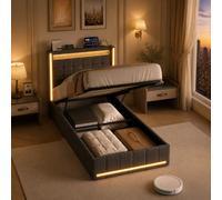 MIOOSUT Lit Capitonné 90x200 Lin Coffre Rangement LED USB sans Matelas Gris