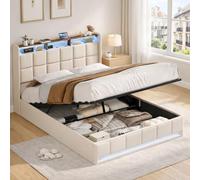 MIOOSUT Lit Double Adulte 140x190, Lits 140x190 avec Sommier LED et USB, Lits Coffre avec Rangement et Tete de Lit, Adolescents, Rangement Hydraulique, Adulte, Lin, sans Matelas (Beige C, 140 * 190)