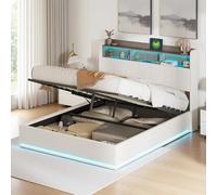 MIOOSUT Lit Double Adulte 140x190, Lits 140x190 avec Sommier LED et USB, Lits Coffre avec Rangement et Tete de Lit, Adolescents, Blanc, Adulte, sans Matelas (Blanc, 140 * 190)