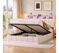 MIOOSUT Lit Double Adulte 140x200, Lits 140x200 avec Sommier LED et USB, Lits Coffre avec Rangement et Tete de Lit, Adolescents, Rangement Hydraulique, Adulte, Lin, sans Matelas (Beige C, 140 * 200)