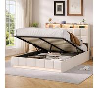MIOOSUT Lit Double Adulte 160x200, Lits 160x200 avec Sommier LED et USB, Lits Coffre avec Rangement et Tete de Lit, Adolescents, Rangement Hydraulique, Adulte, Lin, sans Matelas (Beige C, 160 * 200)