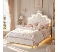 MIOOSUT Lit Enfant Rembourré 140x190 cm avec LED, Lit Double pour Fille Adolescent, Tête de Lit Réglable en Hauteur, Design Forme Couronne, Sommier à Lattes, PU, sans Matelas (Blanc LED, 140 * 190)