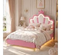 MIOOSUT Lit Enfant Rembourré 140x190 cm avec LED, Lit Double pour Fille Adolescent, Tête de Lit Réglable en Hauteur, Design Forme Couronne, Sommier à Lattes, PU, sans Matelas (Rose LED, 140 * 190)