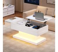MIOOSUT Table basse réglable en hauteur 100 x 50 x 45 cm, table basse blanche, table de salon brillante avec plateau élévateur et espace de rangement caché, avec éclairage LED, blanc (blanc A, 100 x