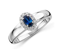 Miore Bijoux pour Femmes Bague de Fiançailles avec Pierre Précieuse/Pierre Gemme Saphir bleu entouré de 12 Diamants Brillants 0.15 Ct Bague en Or Blanc 9 Carats / 375 Or (52)