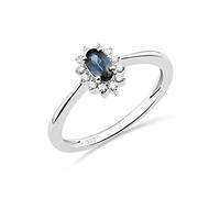 Miore Bijoux pour Femmes Bague de Fiançailles Fleur avec Pierre Précieuse Pierre de Naissance ovale Saphir bleu naturel entouré de 12 Diamants Brillants 0.07 Ct Bague en Or Blanc 9 carats (375)