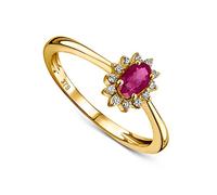 MIORE Bijoux pour Femmes Bague de Fiançailles Fleur avec Pierre Précieuse Pierre de Naissance ovale Rubis rouge naturel entouré de 12 Diamants Brillants 0.07 Ct Bague en Or Jaune 9 carats (375)