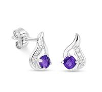 Miore Bijoux pour Femmes Boucles d'Oreilles avec Pierre Précieuse Pierre de Naissance ronde Améthyste violette naturelle et 8 Diamants Brillants 0.04 Ct Clous d'Oreilles en Or Blanc 9 carats (375)