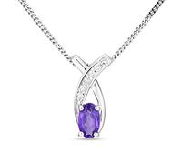 Miore Bijoux pour Femmes Collier avec Pendentif Pierre Précieuse Pierre de Naissance ovale Améthyste violette naturelle entourée de 6 Diamants Brillants 0.03 Ct en Or Blanc 9 carats (375) Chaîne 45 cm