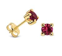 Miore Boucles d'Oreilles Femme, Clous d'oreilles, Or jaune 9 ct 375, Rubis rouge 0.41ct de synthèse rond 4 mm 0.41 ct, Serti à 4 griffes, Fermoir papillon, Bijoux Femme avec Boîte à Bijoux