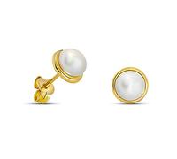 Miore Boucles d'Oreilles Femme, Puces d'oreilles, Or 9 ct 375, Perles de culture d'eau douce blanches rondes 5,0-5,5 mm, Design serti clos 7 mm, Fermoir papillon, Bijoux Femme avec Boîte à Bijoux