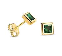 Miore Boucles d'Oreilles Femmes Clous d'Oreilles carrés en Or Jaune 9 Carat / 375 Or avec Pierre Précieuse émeraude vert, Bijoux