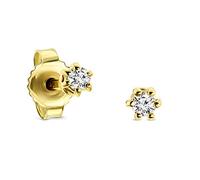 Miore Boucles d'Oreilles pour Femmes Clous d'Oreilles ronds avec Diamant Solitaire 0.08 Ct en Or Jaune 9 Carat /375 Or, Bijoux