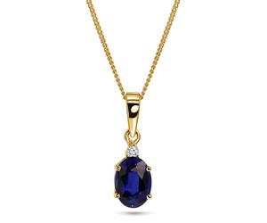 MIORE Collier Femme, Or Jaune 9 Ct 375, Pendentif Pierre Precieuse/Pierre de Naissance Saphir et Diamant naturel, Collier Or, Chaine Gourmette 45 cm, Bijoux Femme Hypoallergénique, Avec Boite a Bijoux