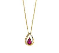 MIORE Collier Or Jaune 9 ct pour Femme- Pendentif Pierre Naturelle en Forme de Poire avec Rubis Rouge 0.44 carat, Pierre de Naissance de Juillet- Chaîne de 45 cm avec 4 Diamants
