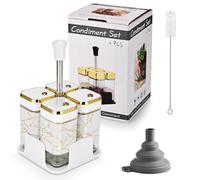 Miorkly 2 Pots à épices carrés Avec Couvercle Rotatif Blanc + 2 Bouteilles d'huile d'olive en Verre avec Socle - set sel et Poivre vinaigre huile - set épices