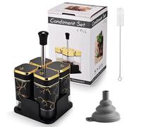 Miorkly 2 Pots à épices carrés Avec Couvercle Rotatif Noir + 2 Bouteilles d'huile d'olive en Verre avec Socle - set sel et Poivre vinaigre huile - set épices