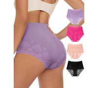 MIOTAN Lot de 4 sans Couture Culotte Taille Haute en Dentelle Invisible pour Femme Sexy Slip, Multicolore, Large