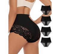 MIOTAN Lot de 4 sans Couture Culotte Taille Haute en Dentelle Invisible pour Femme Sexy Slip, Noir, Medium