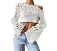 MIOTEQ Femmes Sexy Maille Crochet Crop Top Évider Plage Couvre Ups Voir À Travers À Manches Longues en Tricot Pull T-Shirts,Blanc,S