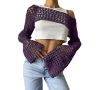 MIOTEQ Femmes Sexy Maille Crochet Crop Top Évider Plage Couvre Ups Voir À Travers À Manches Longues en Tricot Pull T-Shirts,Dark Purple,S