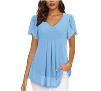 Mioygocq Chemisier en mousseline de soie double couche pour femme - Manches courtes - Col en V - Tunique plissée fluide pour le travail et les loisirs - Tenue d'été 2025, bleu clair, XXL