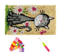 MiOYOOW Kit de Tapis de Crochet à Point Noué, Coussin au Crochets à Loquet Bricolage, 52 X 38 Pouces, Kit de Crochet Point Noué avec Motifs de Chat, Tapis Créatif pour Décoration d'intérieur