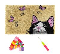 MiOYOOW Kit de Tapis de Crochet à Point Noué, Coussin au Crochets à Loquet Bricolage, 52 X 38 Pouces, Kit de Crochet Point Noué avec Motifs de Chat, Tapis Créatif pour Décoration d'intérieur