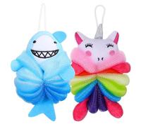 Mipcase 2 pièces Éponge de Bain pour Garçon Fille Loofah Moussant Exfoliant Corps Doux Licorne Rose et Requin Bleu Lavage Corporel Ludique et Portable