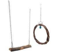 Mipcase Balançoire en Bois Naturel pour Oiseaux de Compagnie 2 Pièces Cloche et Crochet Suspendu, à Mâcher pour Perruches et Cockatiels Plusieurs Styles