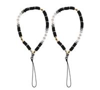 Mipcase Lot de 2 Lanières de Poignet pour Téléphone Portable 6 MM en Perles Soft Clay Pendentif Love Antidérapantes Noir et Blanc Accessoires pour Smartphone et Protection Pratique