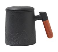 Mipcase Tasse à Thé en Céramique 400Ml avec Infuseur Poignée en Bois et Couvercle Mug à Thé avec Filtre Intégré Tasse à Café Noire pour Bureau et Maison