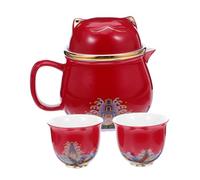 Mipcase Théière et Tasses Porcelaine Maneki Neko Compactes pour Thé Kung Fu Service de Voyage Portable pour Bureau et Détente Une Théière Deux Tasses
