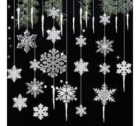 MIPIACE 32 Pièces Flocon de Neige Decoration avec 12 Glaçon Suspendu Pendentif 2 Cordon élastique Décorations à Suspendre avec Flocon de Neige Noël Glaçon Ornement Suspendu Décorations de Noël Hiver