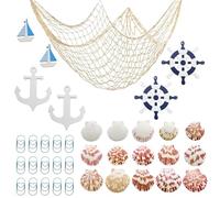 MIPIACE Filet Peche Decoratif 2x1.5M Filet de Peche Decoratif Décoration en Résille avec Coquilles Trombone Roue de Bateau Voilier Ancre en Bois Décoration Murale en Filet de Pêche pour Fête Plage