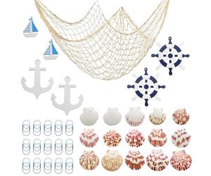 MIPIACE Filet Peche Decoratif 2x1.5M Filet de Peche Decoratif Décoration en Résille avec Coquilles Trombone Roue de Bateau Voilier Ancre en Bois Décoration Murale en Filet de Pêche pour Fête Plage