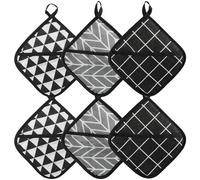 MIPIACE Lot de 6 Maniques en Coton 18 x 18 cm Maniques Cuisine Antidérapant avec Trous de Suspension Manique Cuisine en Coton pour Casseroles Four Protection de Main et des Surfaces Noir Blanc Gris