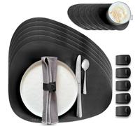 MIQIO Lot de 18 sets de table en cuir synthétique - Avec dessous de verre - Sets de table en cuir lavables - 6 sets de table, dessous de verre, ronds de serviette - Noir - En forme de pierre