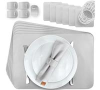 MIQIO Lot de 18 sets de table en cuir synthétique - Lavables - 6 sets de table, dessous de verre, ronds de serviette - Gris - Rectangulaires